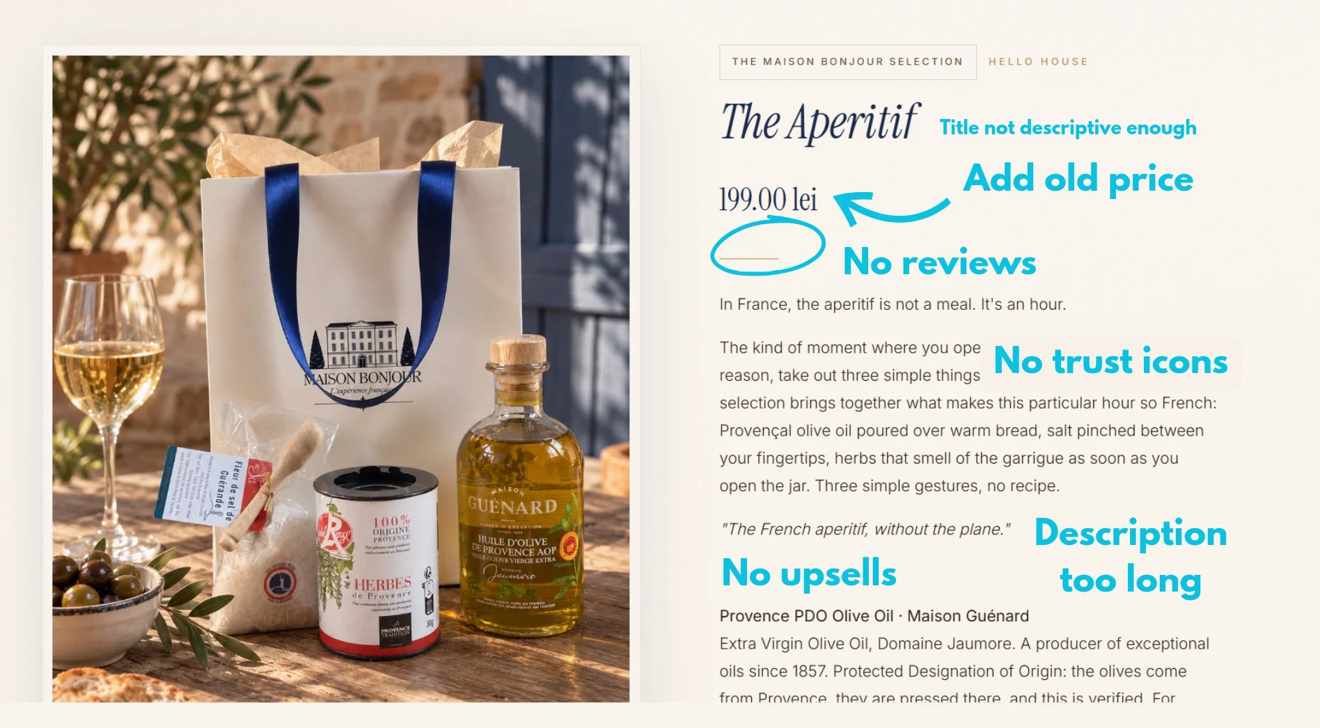 A client product page marked up with the problems found in an audit