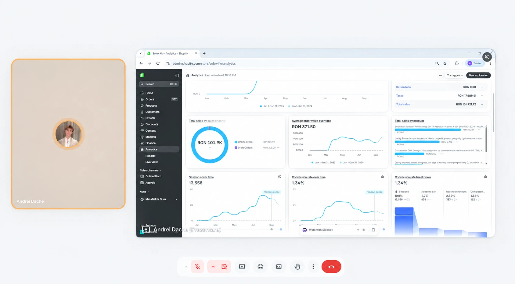 A planning call sharing a Shopify analytics dashboard on screen